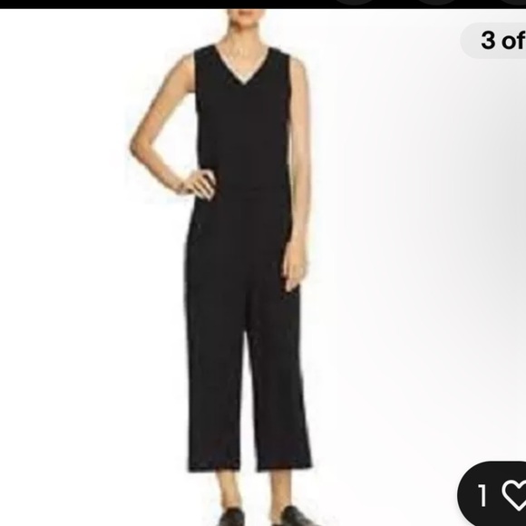 Eileen Fisher Black Sleeveless Cotton and Spandex Cropped V Neck Jumpsuit - Picture 1 of 13